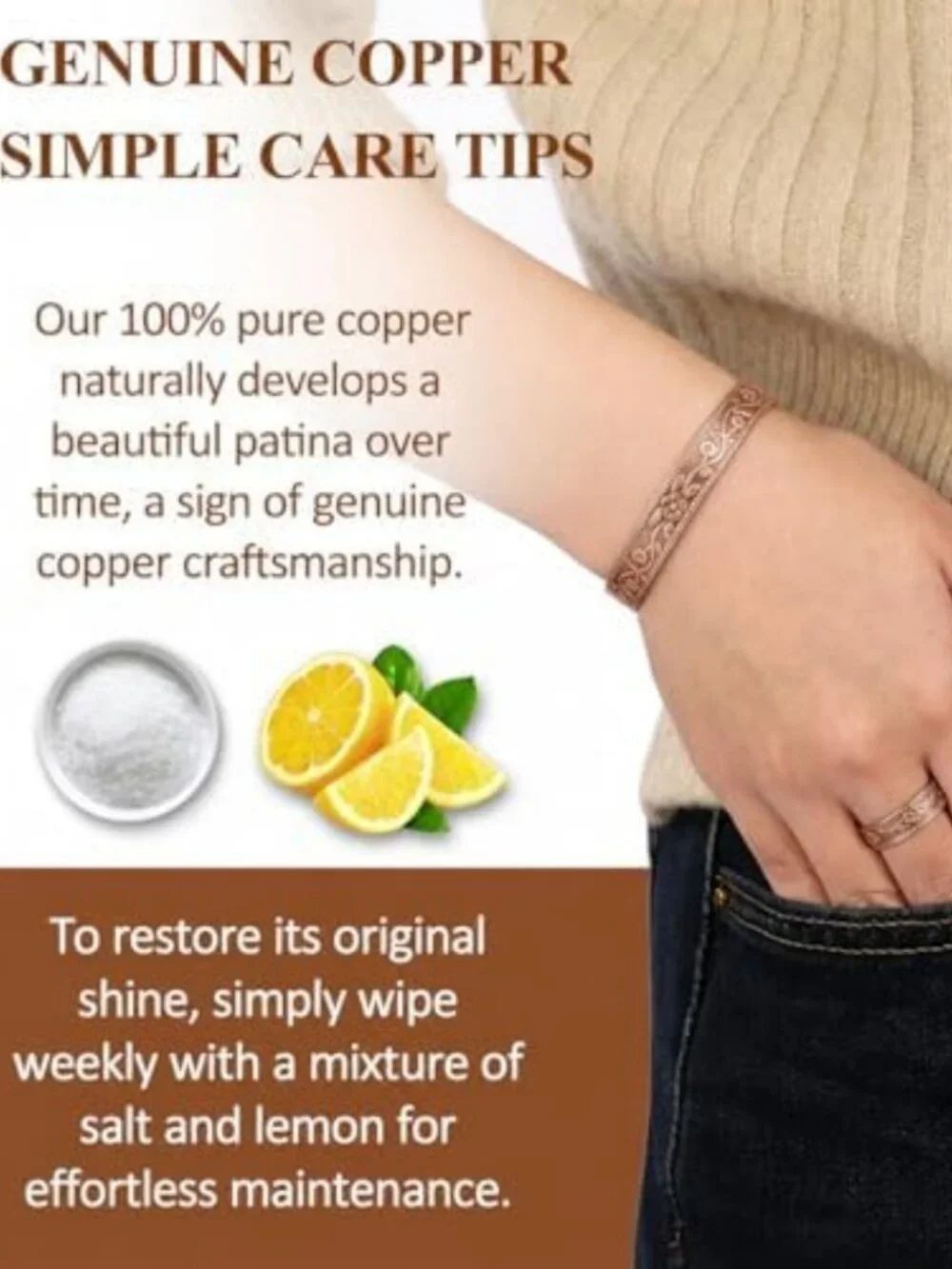 Handmade Solid Copper Bracelet & Ring Set - Uncoated Hammered Cuff for Men